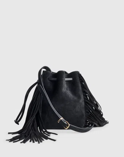 Madewell The Drawstring Crossbody Bucket Bag In Suede True Black In Black