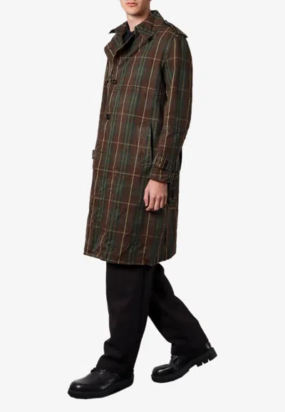 Burberry Vintage Effect Checked Trench Coat With Belt In Green