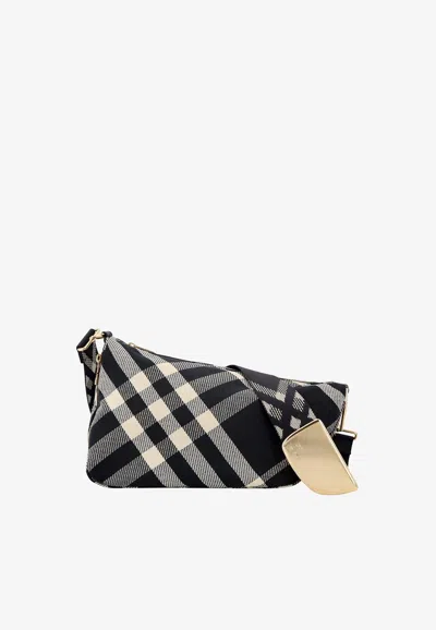 Burberry Checked Shield Messenger Crossbody Bag With Golden Details In Black
