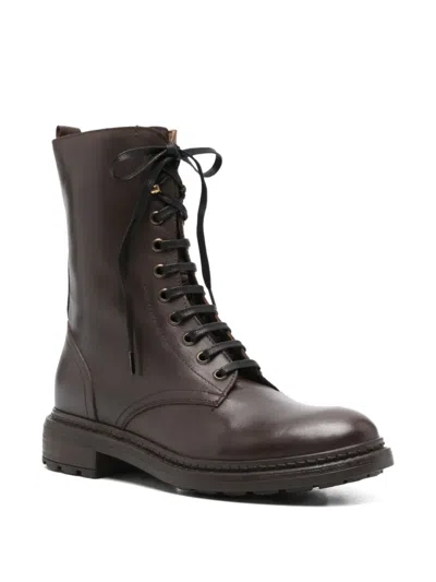 Julie Dee Combat Boots In Dark Brown Leather In Brown