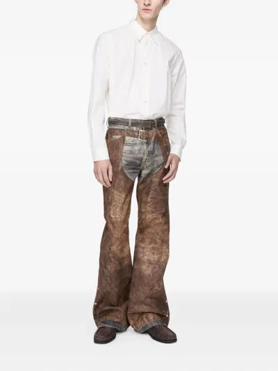 Acne Studios Wide Leg Patchwork Jeans With Button And Loops In Brown