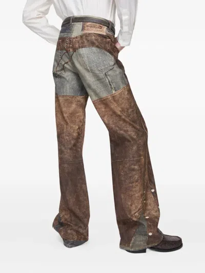 Acne Studios Wide Leg Patchwork Jeans With Button And Loops In Brown