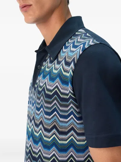 Missoni Short Sleeve Polo With Geometric Zigzag Pattern In Blue