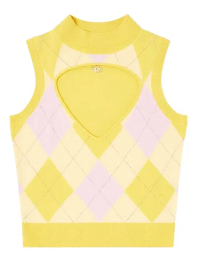 Diesel Cut-out Turtleneck Vest In Argyle Wool In Yellow