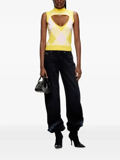 Diesel Cut-out Turtleneck Vest In Argyle Wool In Yellow