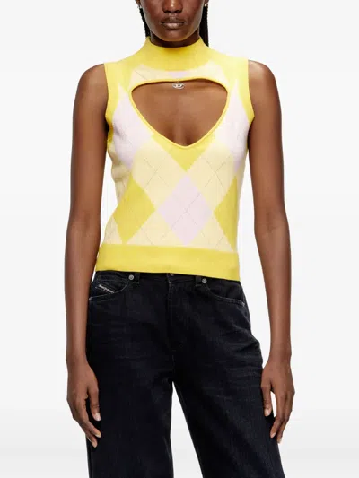 Diesel Cut-out Turtleneck Vest In Argyle Wool In Yellow