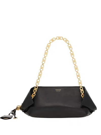 Ferragamo Brown Shoulder Bag With Logo Strap And Logo Lettering On The Front In Leather Woman In Black