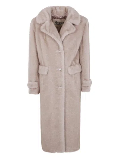 Herno Long Faux Fur Coat With Notched Lapels In Brown