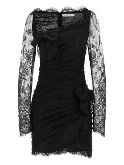 Alessandra Rich Draped Dress With Bow Accents And Lace Detailing In Black