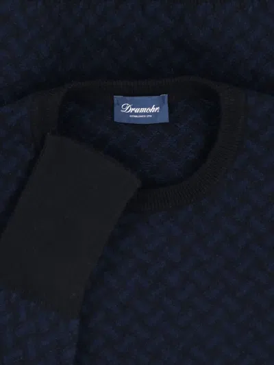 Drumohr Crewneck Sweater Patterned Ribbed Cuffs In Blue