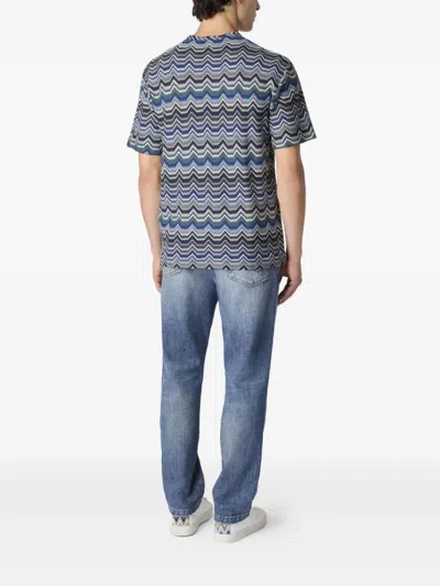 Missoni Crew Neck T-shirt With Geometric Zigzag In Blue