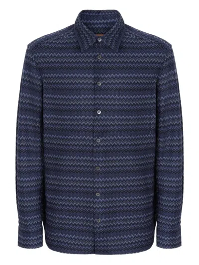 Missoni Chevron Pattern Long-sleeve Shirt With Pointed Collar In Blue