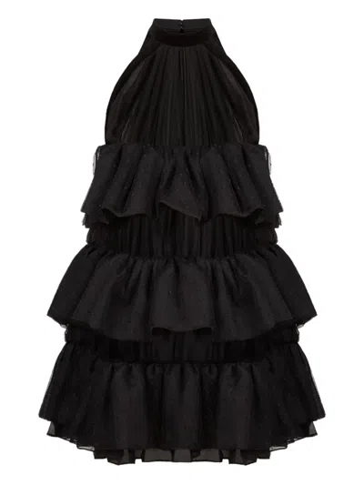 Nina Ricci Halterneck Ruffled Crinkled Silk-chiffon And Polka-dot Mesh Mini Dress In Black