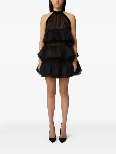 Nina Ricci Halterneck Ruffled Crinkled Silk-chiffon And Polka-dot Mesh Mini Dress In Black