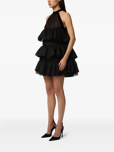 Nina Ricci Halterneck Ruffled Crinkled Silk-chiffon And Polka-dot Mesh Mini Dress In Black