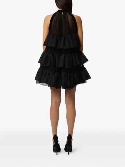 Nina Ricci Halterneck Ruffled Crinkled Silk-chiffon And Polka-dot Mesh Mini Dress In Black