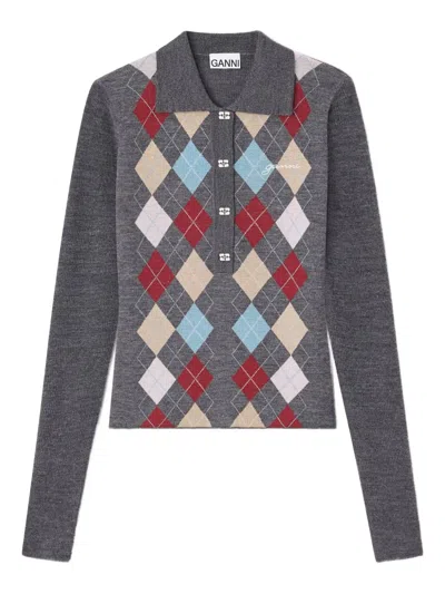 Ganni Fine Merino Wool Jacquard Knitted Polo Shirt In Gray