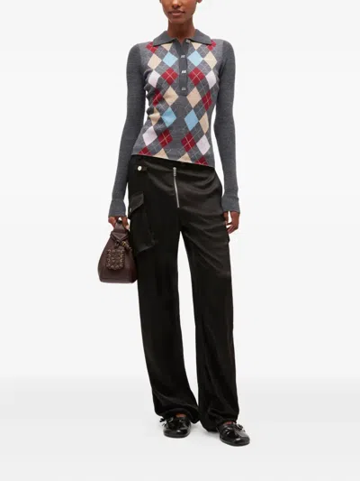 Ganni Fine Merino Wool Jacquard Knitted Polo Shirt In Gray