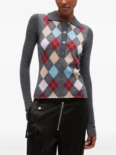 Ganni Fine Merino Wool Jacquard Knitted Polo Shirt In Gray