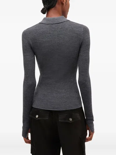 Ganni Fine Merino Wool Jacquard Knitted Polo Shirt In Gray