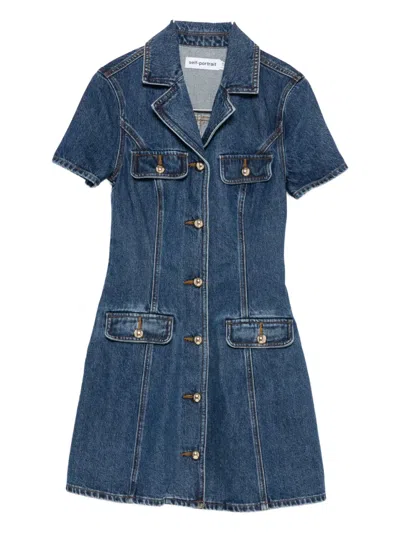 Self-portrait Belted Denim Mini Dress In Blue