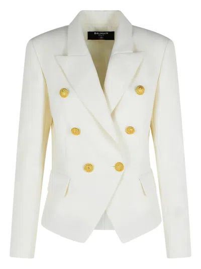 Balmain Double-breasted Structured Denim Blazer With Peak Lapel In White