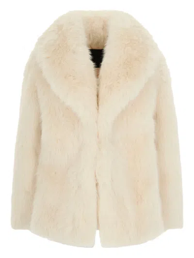 Liu •jo Plush Faux Fur Coat With Voluminous Collar In Neutral