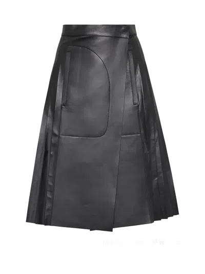 Ferragamo Pleated Leather Midi Skirt In Black