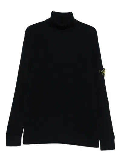 Stone Island Ribbed Turtleneck Sweater In Blue