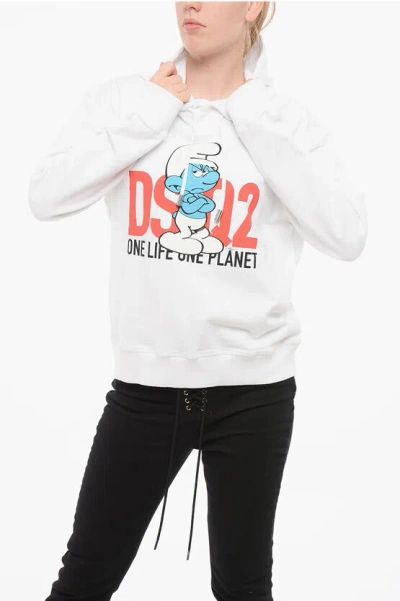 Dsquared2 The Smurfs Printed Brushed Cotton Grounchy Smurf Hoodie In White