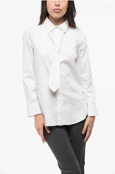 Ella Tie Neck Popelin Cotton Shirt In White