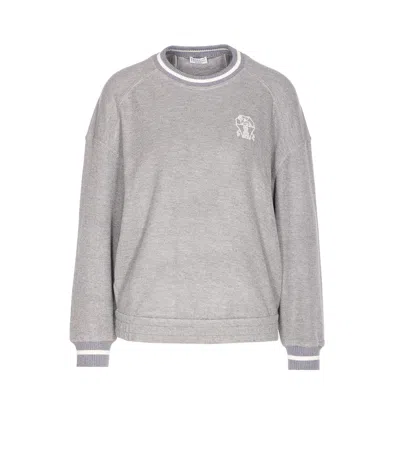 Brunello Cucinelli Crew Neck Logo Embroidered Sweatshirt In Gray
