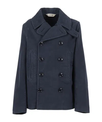 Aspesi Double-breasted Blue Jacket With Wide Lapel In Blue