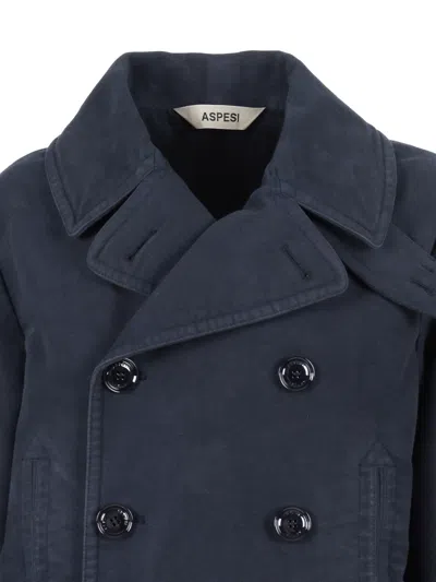 Aspesi Double-breasted Blue Jacket With Wide Lapel In Blue