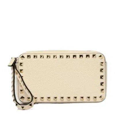 Valentino Rockstud Rectangular Clutch Bag With Wrist Strap In White