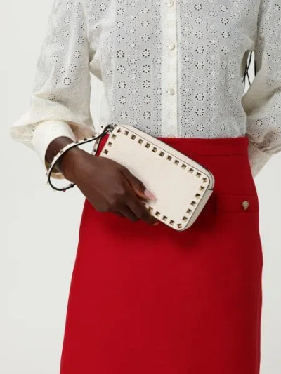 Valentino Rockstud Rectangular Clutch Bag With Wrist Strap In White