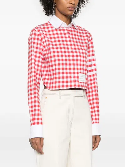 Thom Browne 4-bar Gingham Check Flannel Crop Button-up Shirt In Red