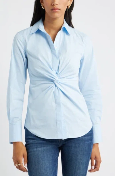 Open Edit Twist Front Stretch Cotton Blend Button-up Shirt In Blue