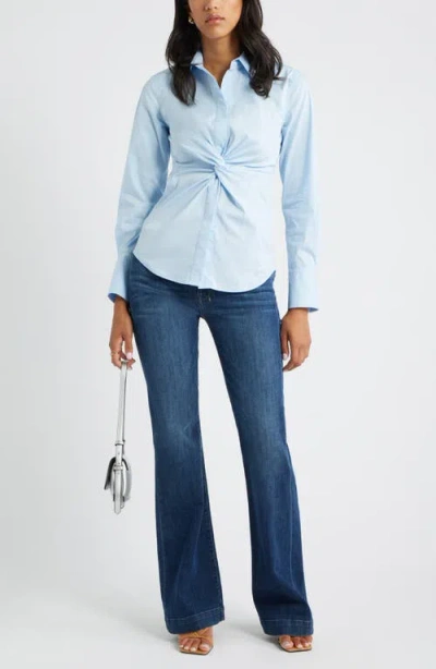 Open Edit Twist Front Stretch Cotton Blend Button-up Shirt In Blue