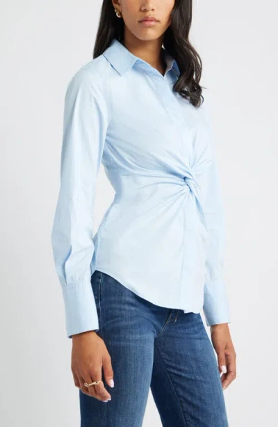 Open Edit Twist Front Stretch Cotton Blend Button-up Shirt In Blue