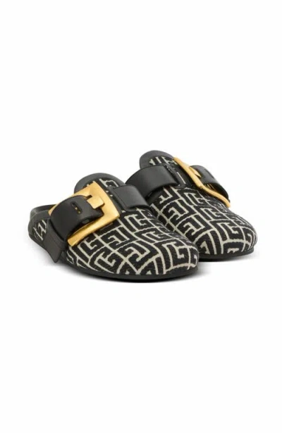Balmain Anthem Mules In Jacquard Canvas With Pb Monogram In Black