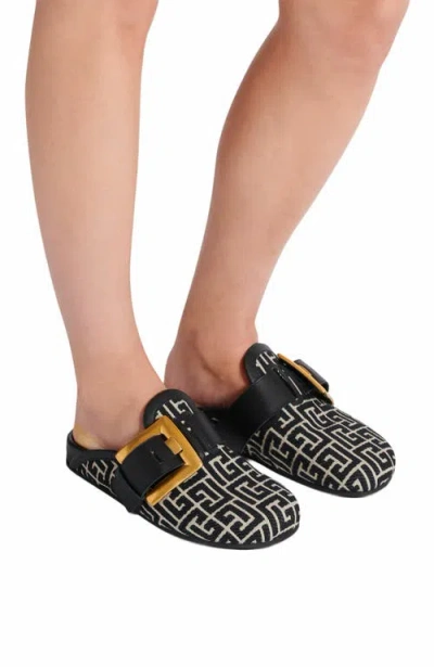 Balmain Anthem Mules In Jacquard Canvas With Pb Monogram In Black