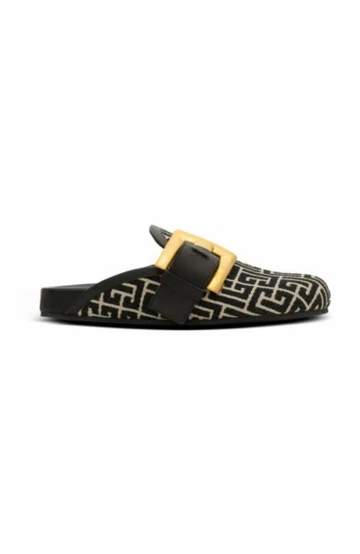Balmain Anthem Mules In Jacquard Canvas With Pb Monogram In Black
