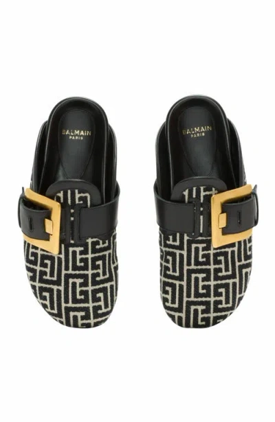 Balmain Anthem Mules In Jacquard Canvas With Pb Monogram In Black