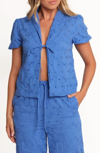 Petal And Pup Petal & Pup Ksenia Eyelet Embroidered Tie Front Cotton Top In Blue