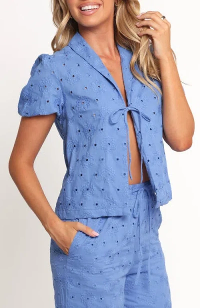 Petal And Pup Petal & Pup Ksenia Eyelet Embroidered Tie Front Cotton Top In Blue