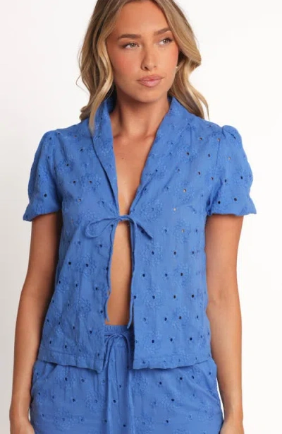 Petal And Pup Petal & Pup Ksenia Eyelet Embroidered Tie Front Cotton Top In Blue