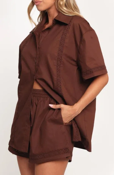 Petal And Pup Petal & Pup Austin Eyelet Trim Short Sleeve Cotton Button-up Shirt In Brown
