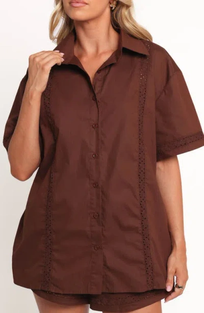 Petal And Pup Petal & Pup Austin Eyelet Trim Short Sleeve Cotton Button-up Shirt In Brown