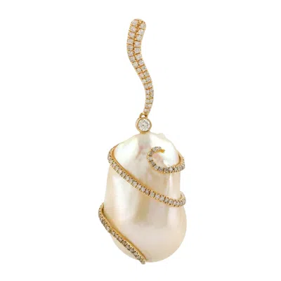 Artisan Women's White / Gold Unshaped Pearl & Chinese Gemstone Pendant In Gold – Pave Diamond Designer Jewel In Gold